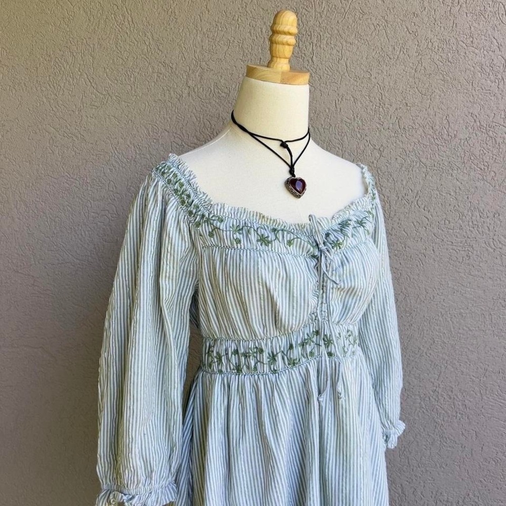 American Eagle Green Striped Long Sleeve Mini Dress Boho Cottagecore Sz Medium - Picture 4 of 8